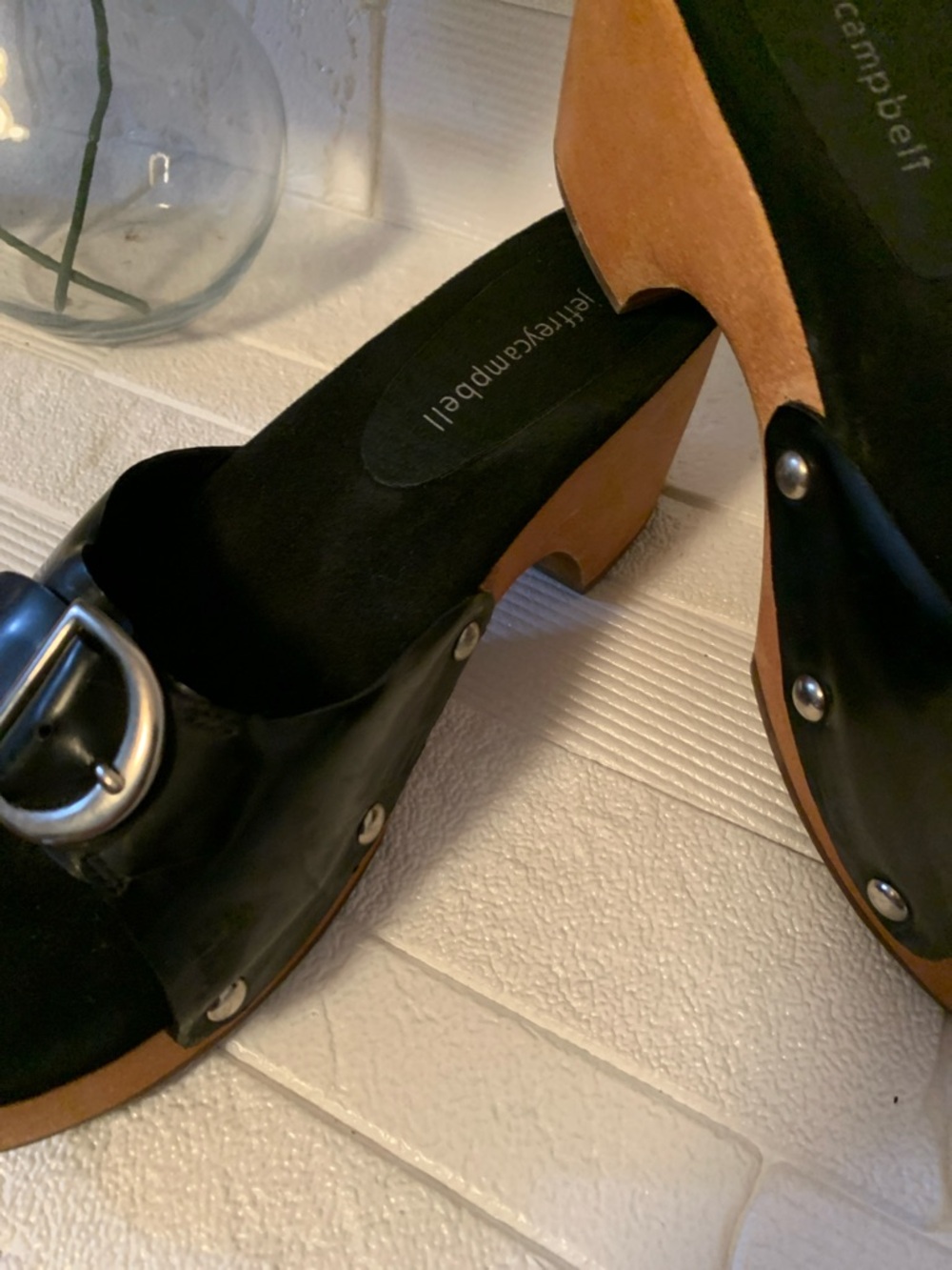 Jeffrey Campbell Black Leather Buckle Clog Mules with Tan Platform - Picture 3 of 10